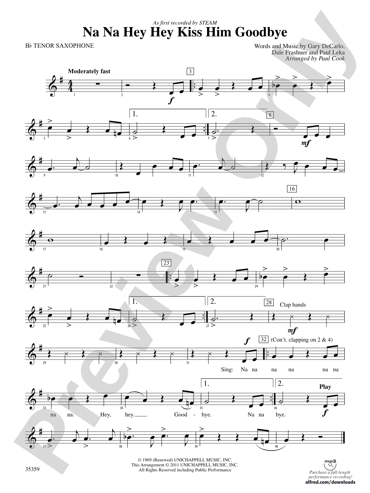 Na Na Hey Hey Kiss Him Goodbye: B-flat Tenor Saxophone