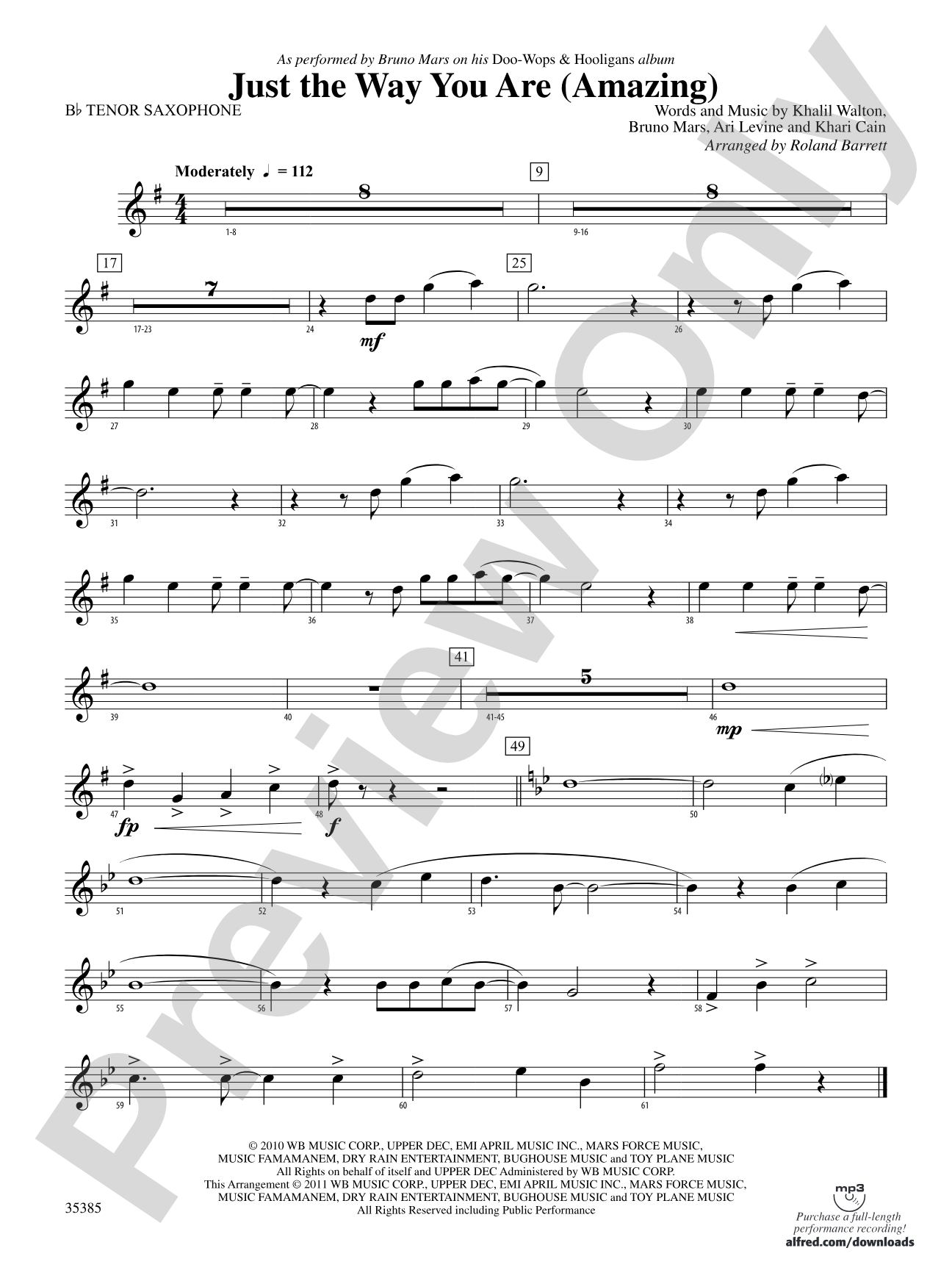 Just the Way You Are (Amazing): B-flat Tenor Saxophone