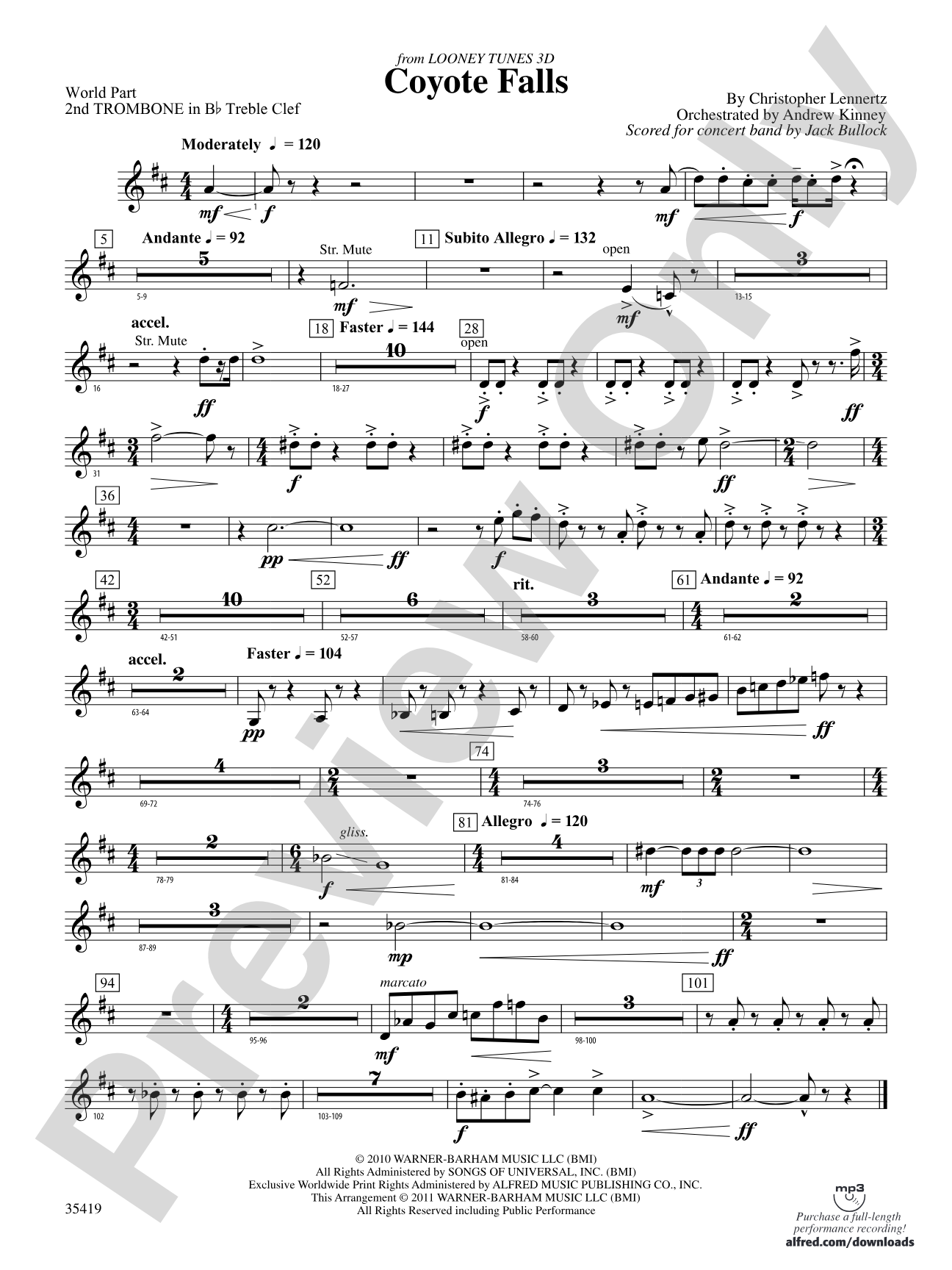 Coyote Falls (from Looney Tunes 3D): (wp) 2nd B-flat Trombone T.C.