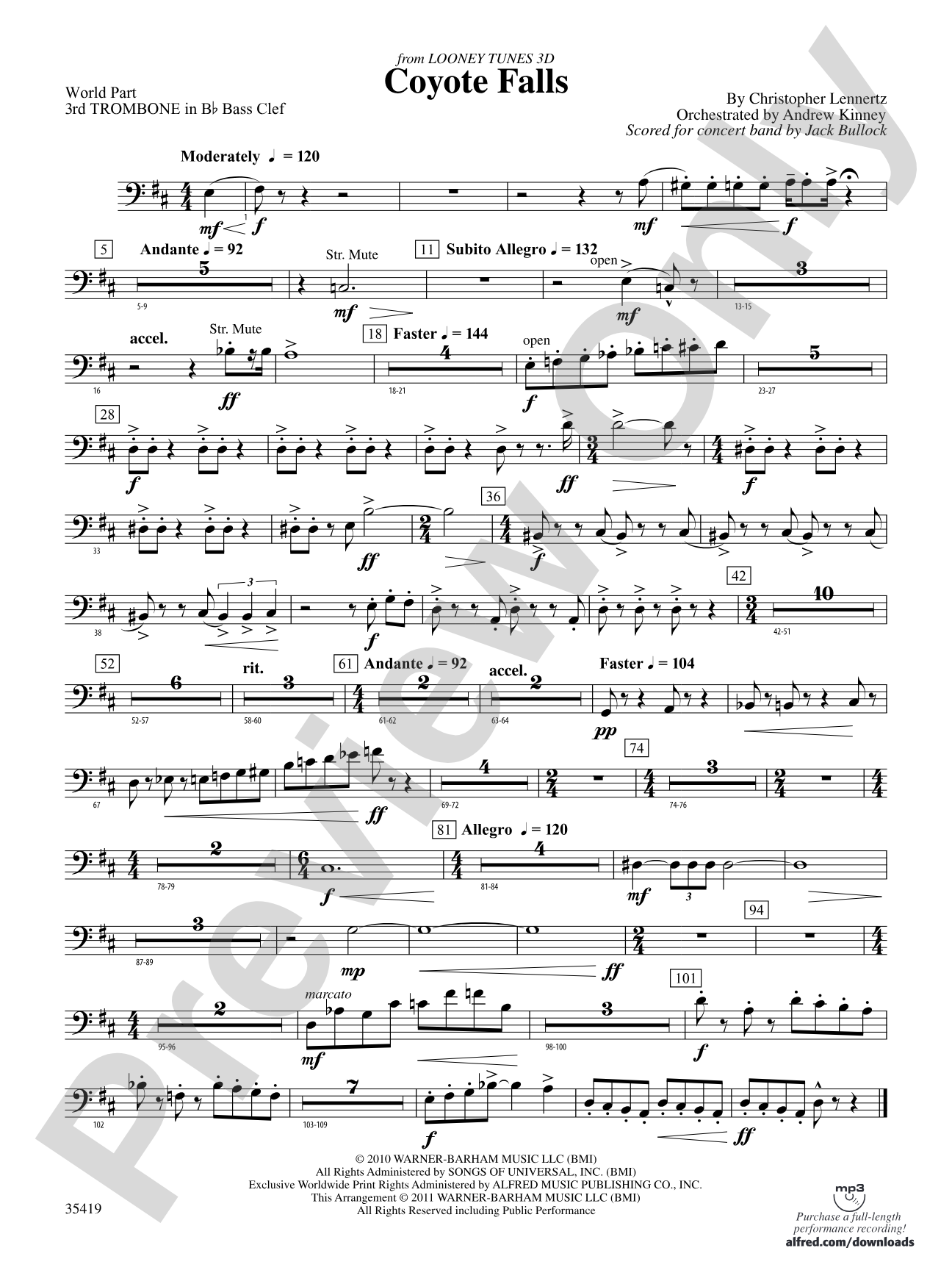 Coyote Falls (from Looney Tunes 3D): (wp) 3rd B-flat Trombone B.C.