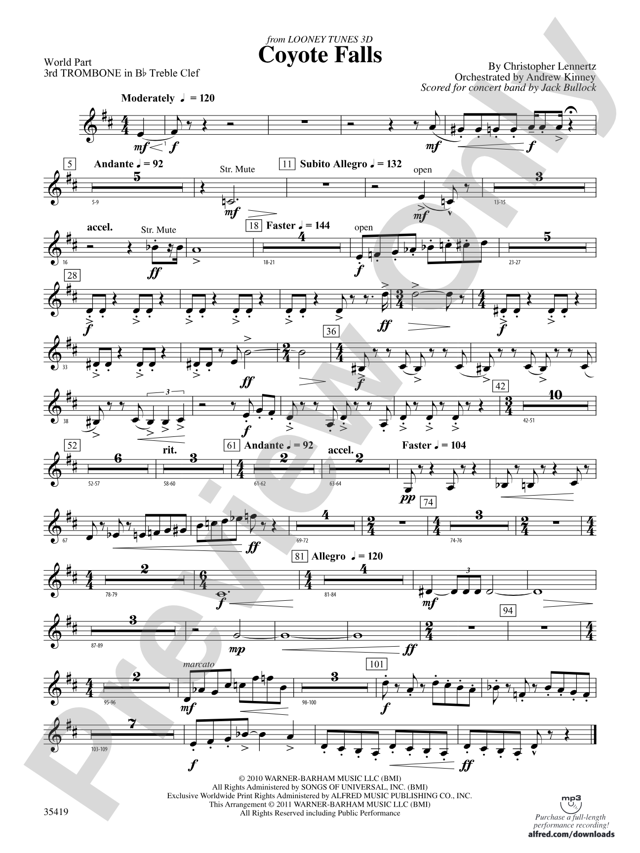 Coyote Falls (from Looney Tunes 3D): (wp) 3rd B-flat Trombone T.C.
