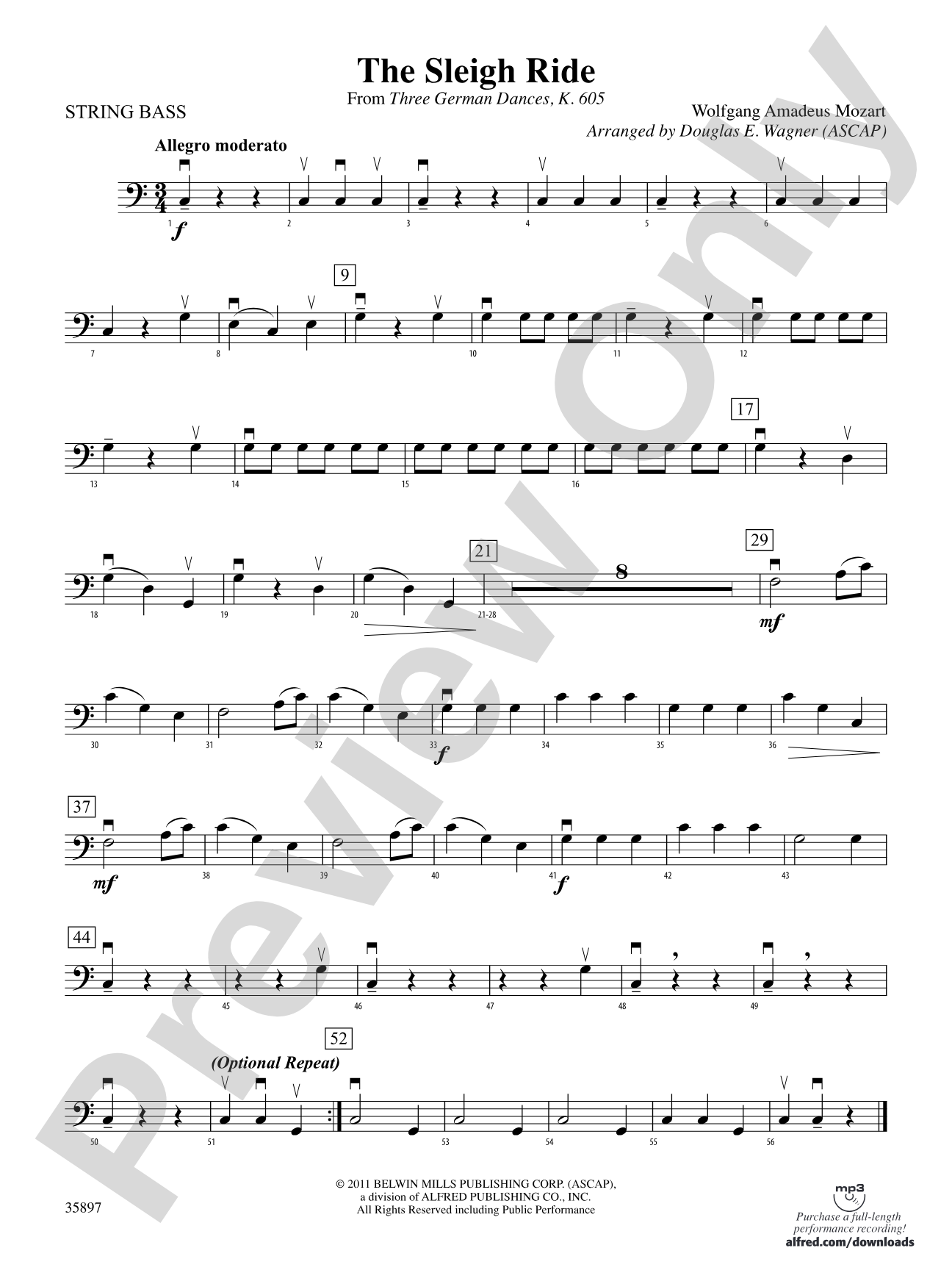 The Sleigh Ride (from Three German Dances, K. 605): String Bass