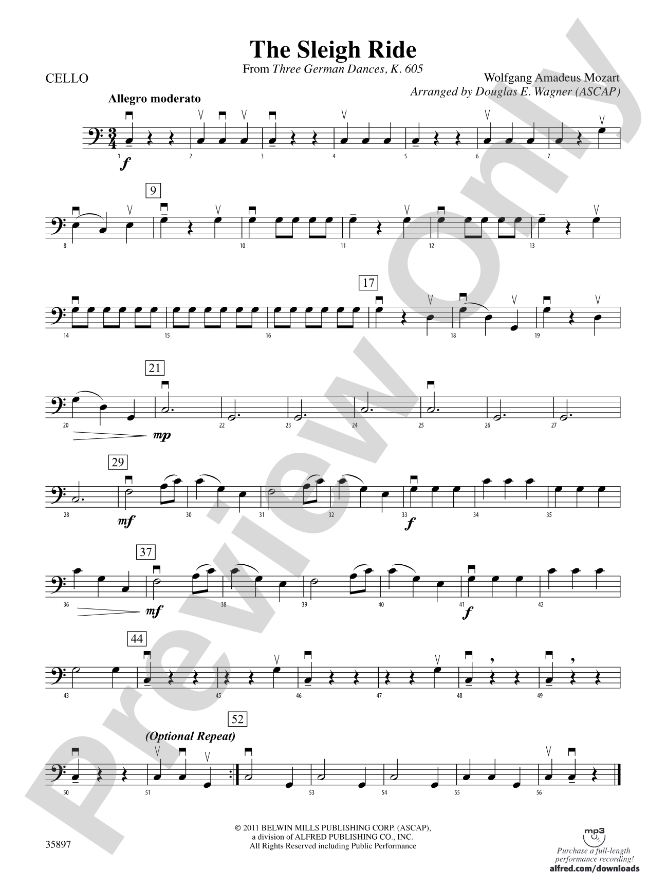 The Sleigh Ride (from Three German Dances, K. 605): Cello