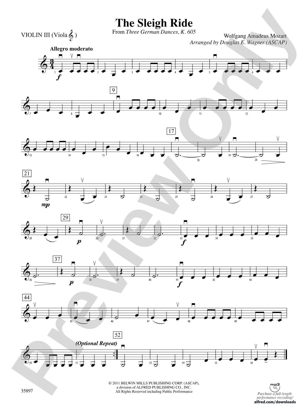 The Sleigh Ride (from Three German Dances, K. 605): 3rd Violin (Viola [TC])