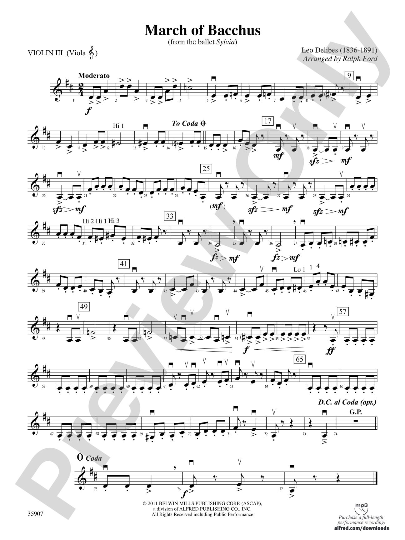 March of Bacchus (from the ballet Sylvia): 3rd Violin (Viola [TC])