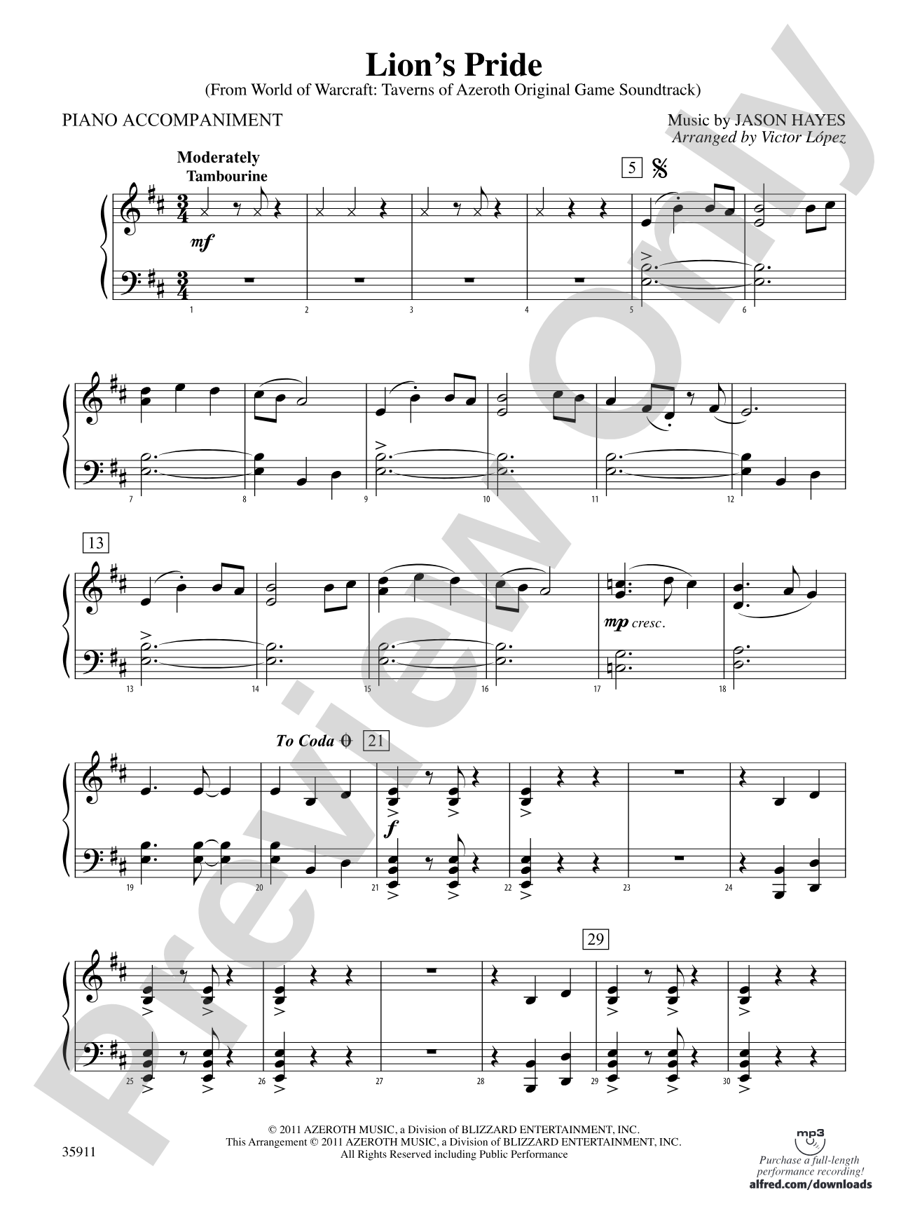 Lion’s Pride (from World of Warcraft: Taverns of Azeroth Original Game Soundtrack): Piano Accompaniment