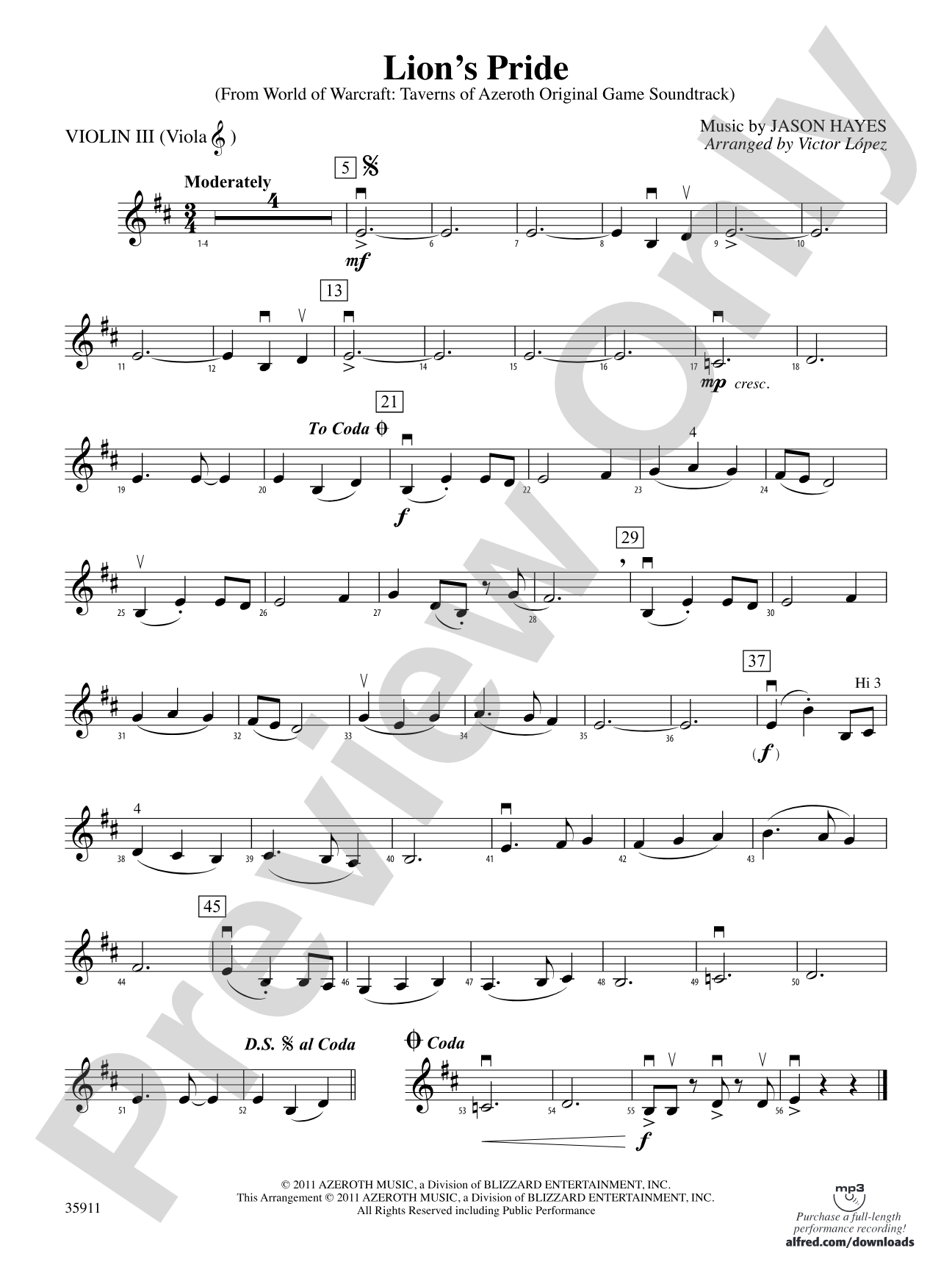 Lion’s Pride (from World of Warcraft: Taverns of Azeroth Original Game Soundtrack): 3rd Violin (Viola [TC])
