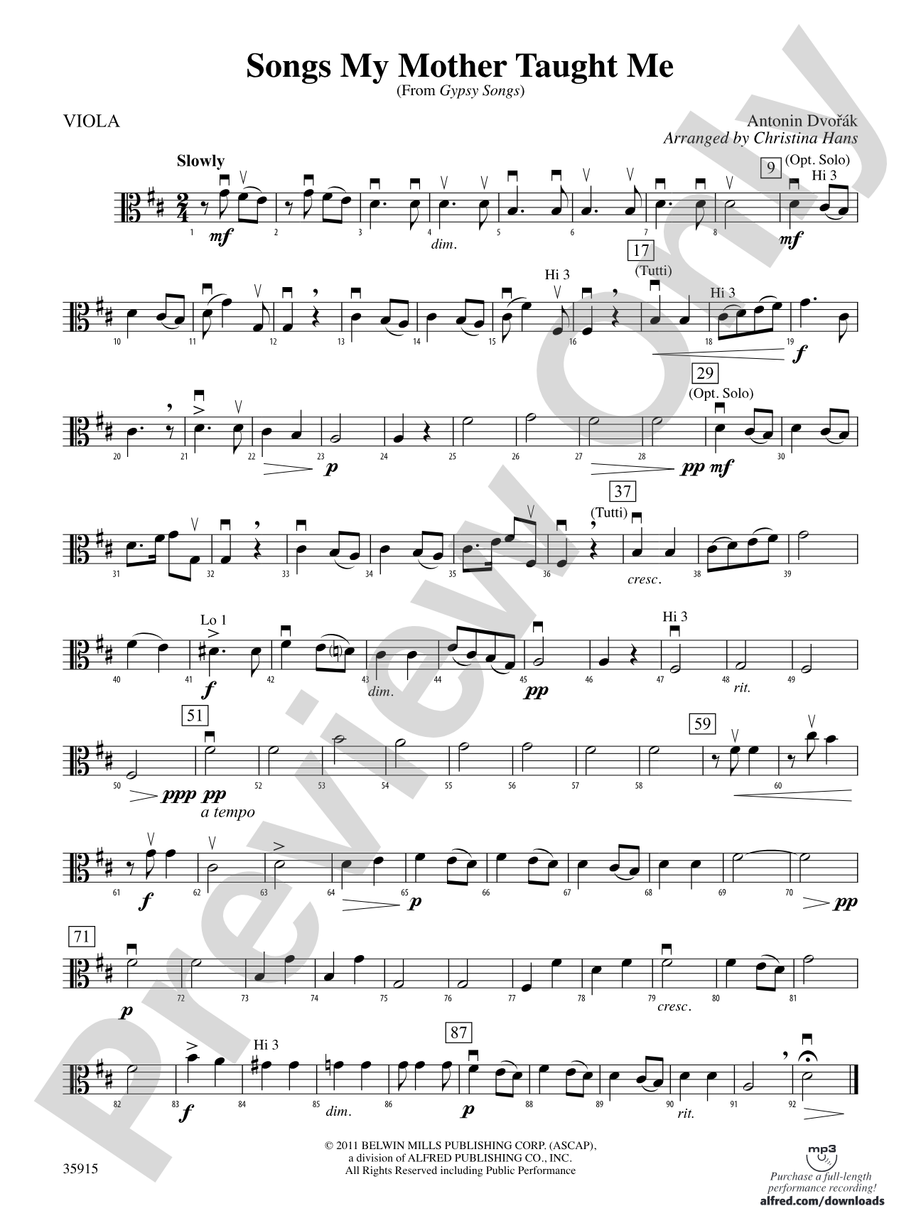 Songs My Mother Taught Me (from "Gypsy Songs"): Viola