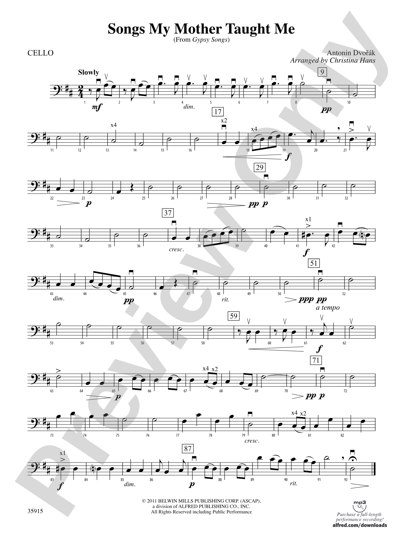Songs My Mother Taught Me (from "Gypsy Songs"): Cello