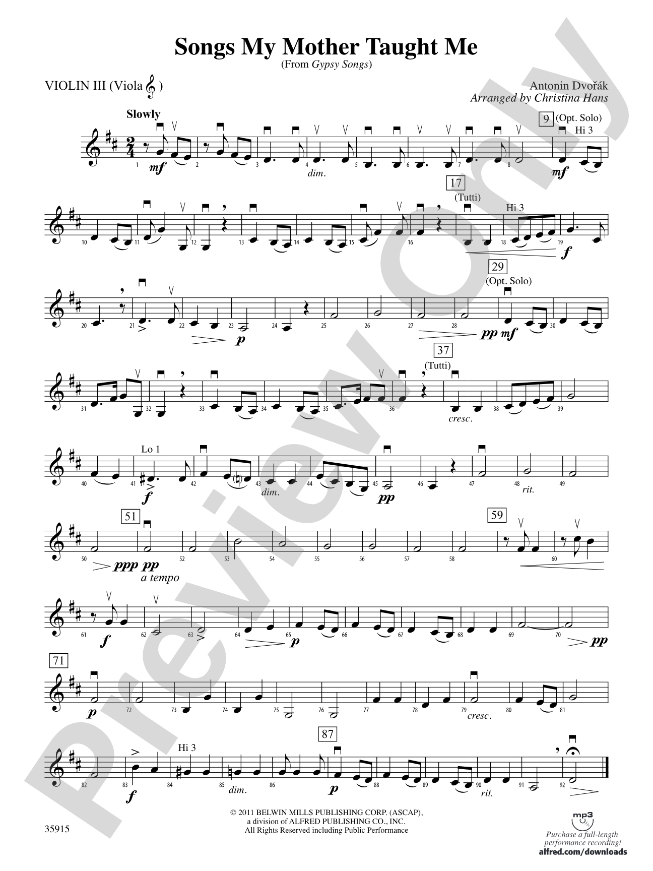 Songs My Mother Taught Me (from "Gypsy Songs"): 3rd Violin (Viola [TC])
