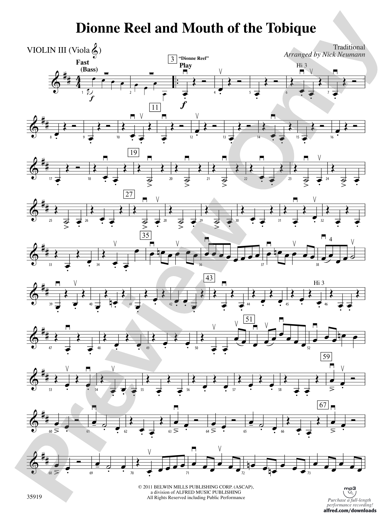 Dionne Reel and Mouth of the Tobique: 3rd Violin (Viola [TC])