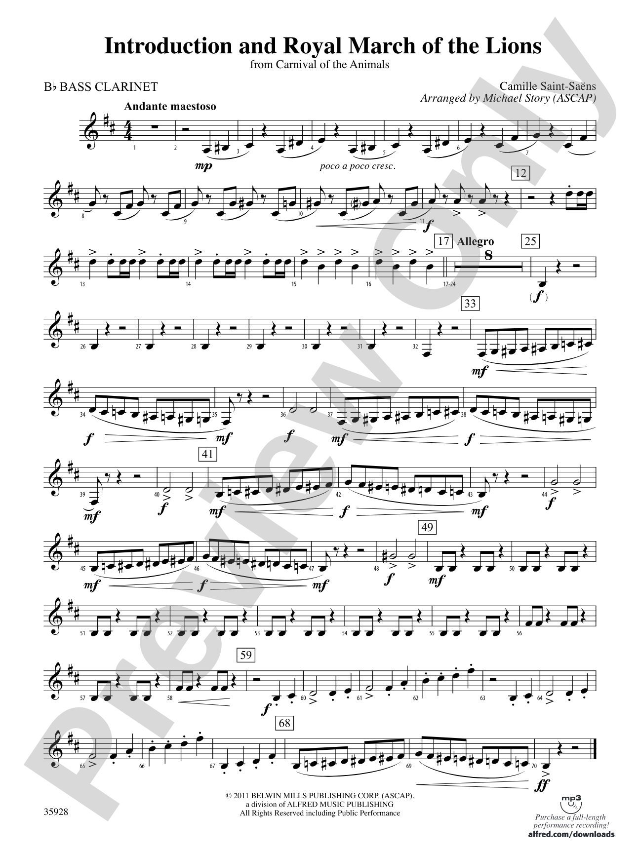 Introduction and Royal March of the Lions (from Carnival of the Animals): B-flat Bass Clarinet