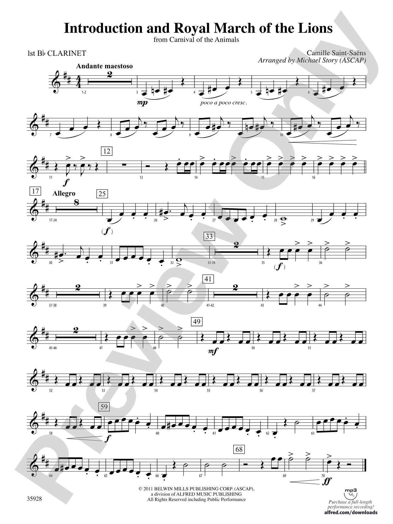 Introduction and Royal March of the Lions (from Carnival of the Animals): 1st B-flat Clarinet