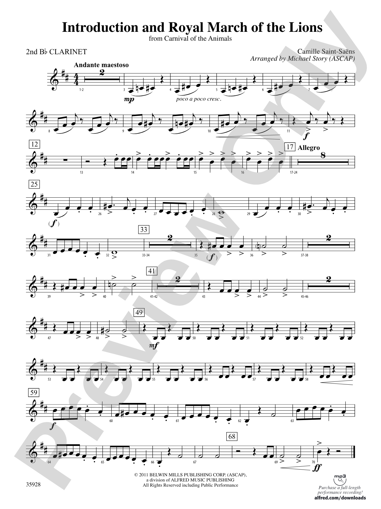 Introduction and Royal March of the Lions (from Carnival of the Animals): 2nd B-flat Clarinet