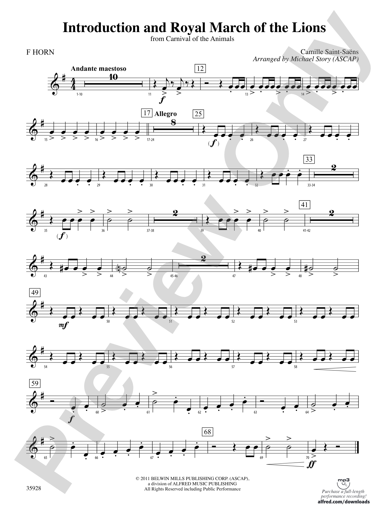 Introduction and Royal March of the Lions (from Carnival of the Animals): 1st F Horn