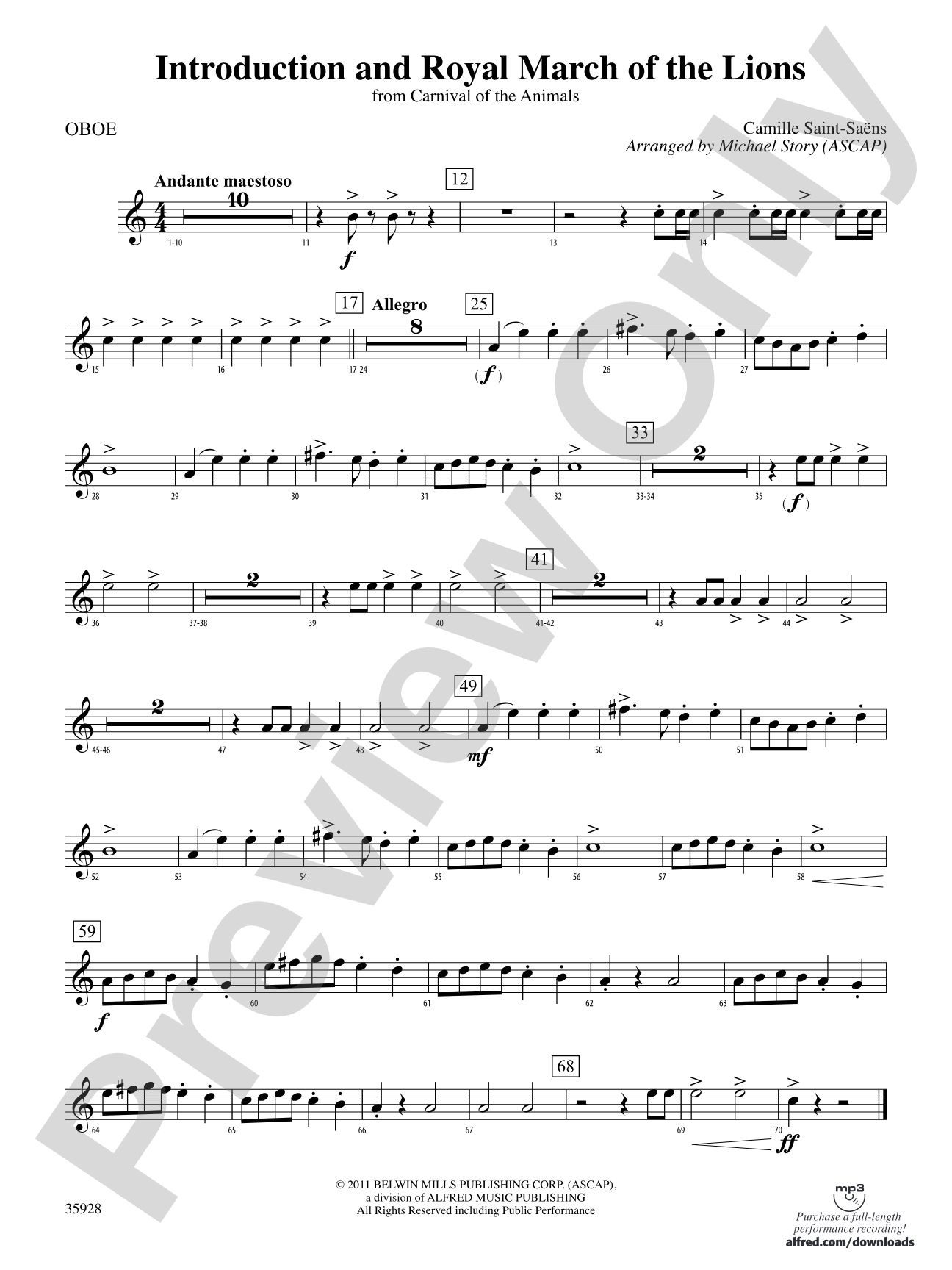 Introduction and Royal March of the Lions (from Carnival of the Animals): Oboe
