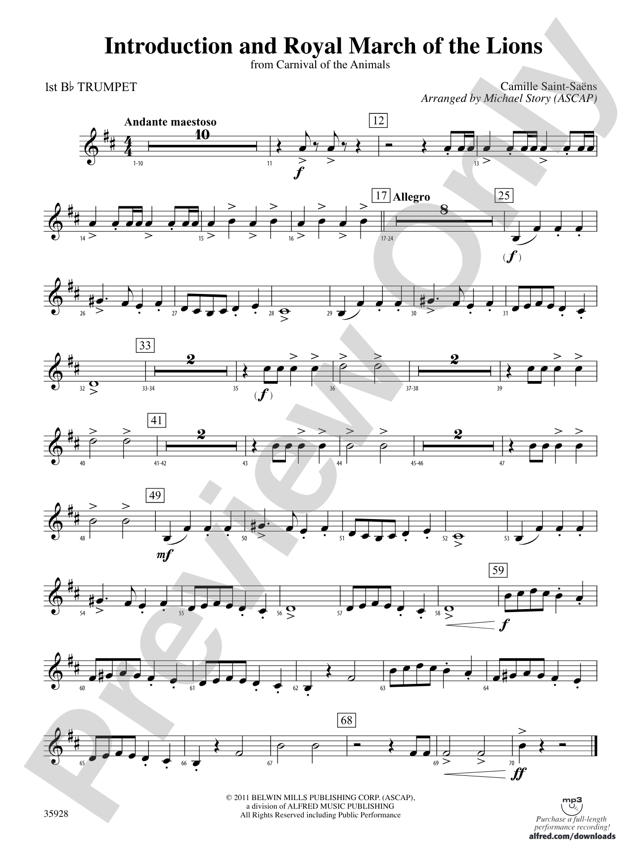 Introduction and Royal March of the Lions (from Carnival of the Animals): 1st B-flat Trumpet