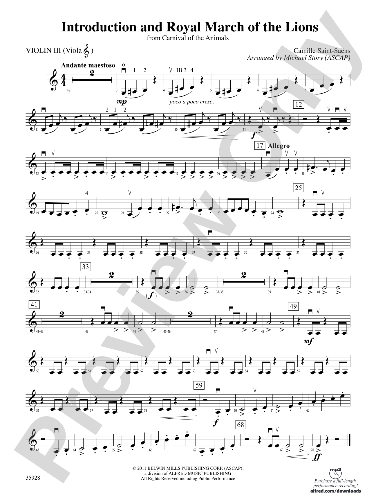 Introduction and Royal March of the Lions (from Carnival of the Animals): 3rd Violin (Viola [TC])