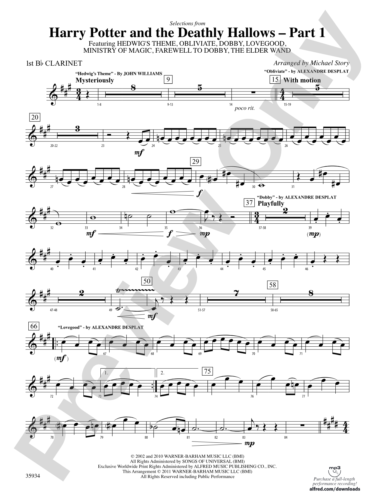Harry Potter and the Deathly Hallows, Part 1, Selections from: 1st B-flat Clarinet