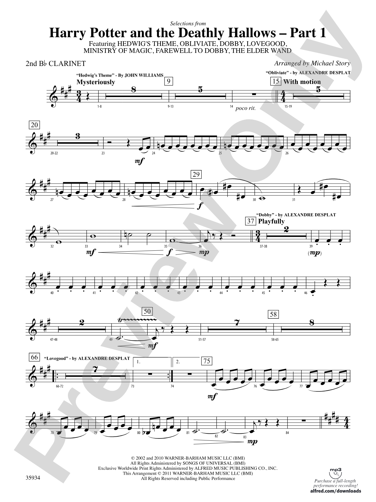 Harry Potter and the Deathly Hallows, Part 1, Selections from: 2nd B-flat Clarinet