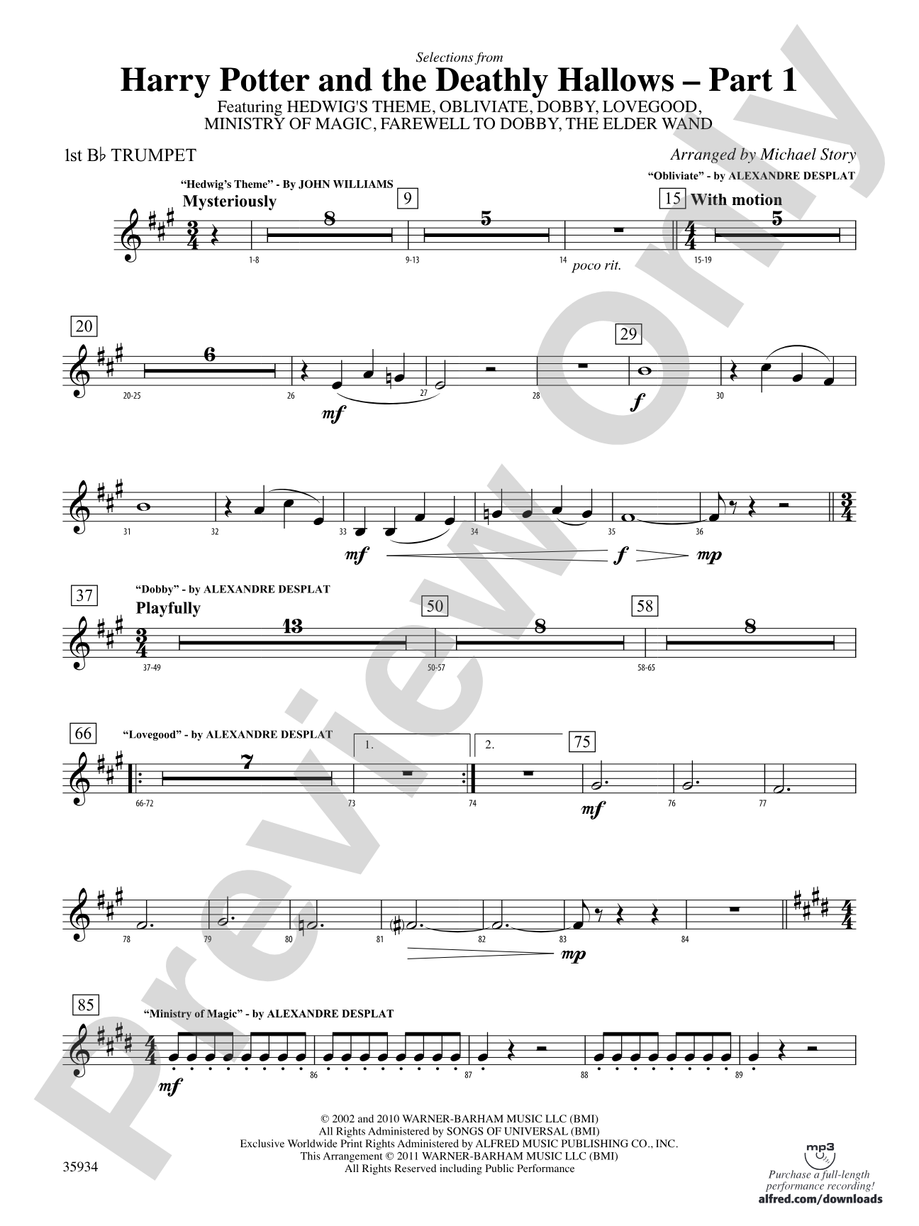 Harry Potter and the Deathly Hallows, Part 1, Selections from: 1st B-flat Trumpet