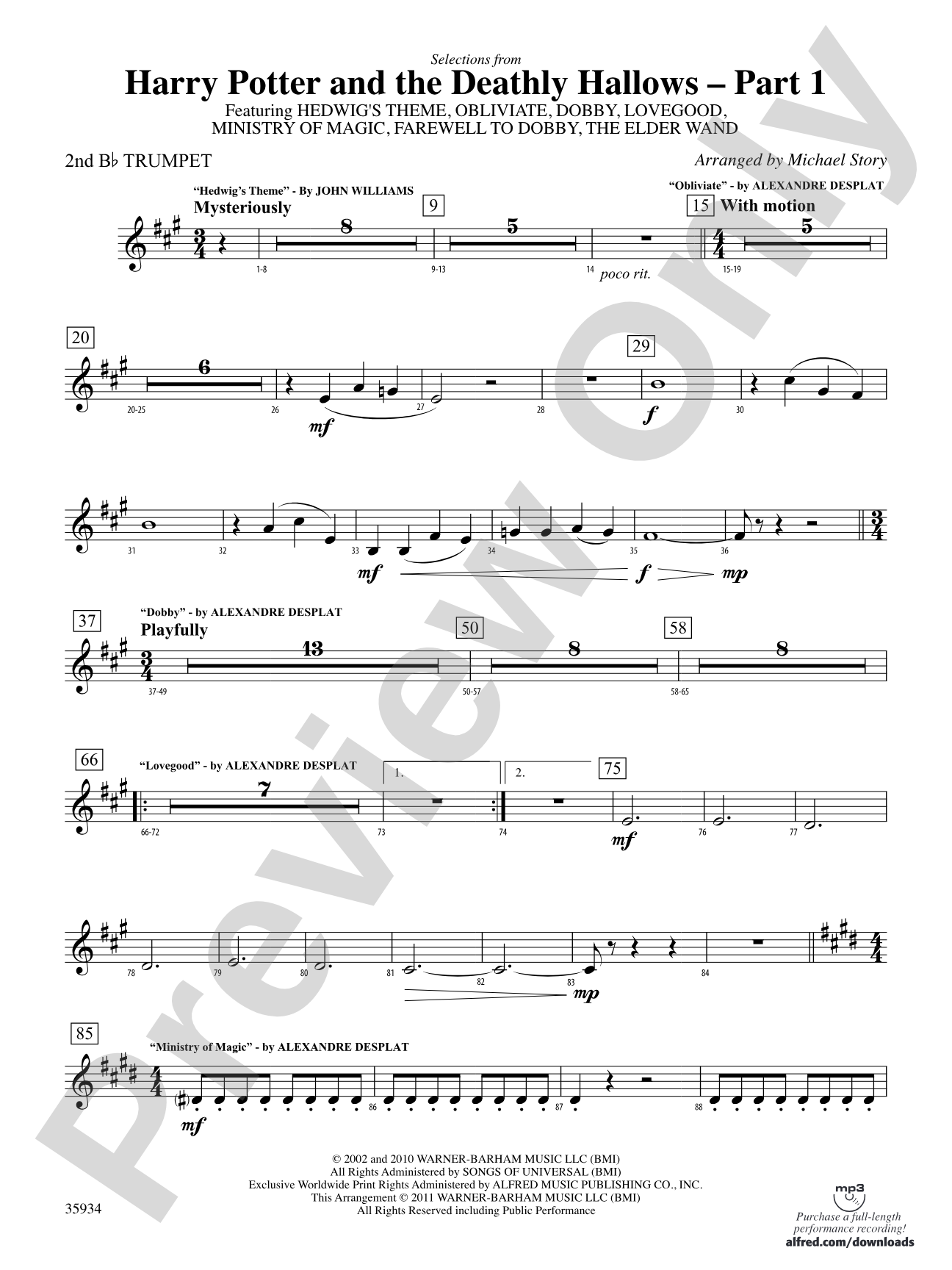 Harry Potter and the Deathly Hallows, Part 1, Selections from: 2nd B-flat Trumpet