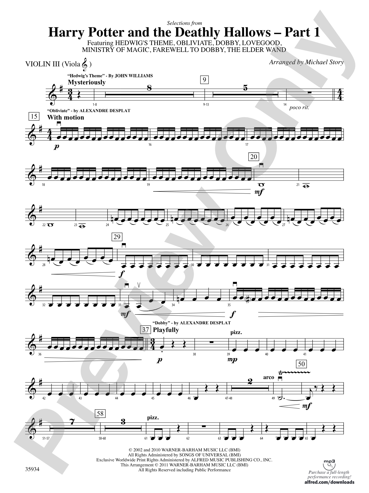 Harry Potter and the Deathly Hallows, Part 1, Selections from: 3rd Violin (Viola [TC])