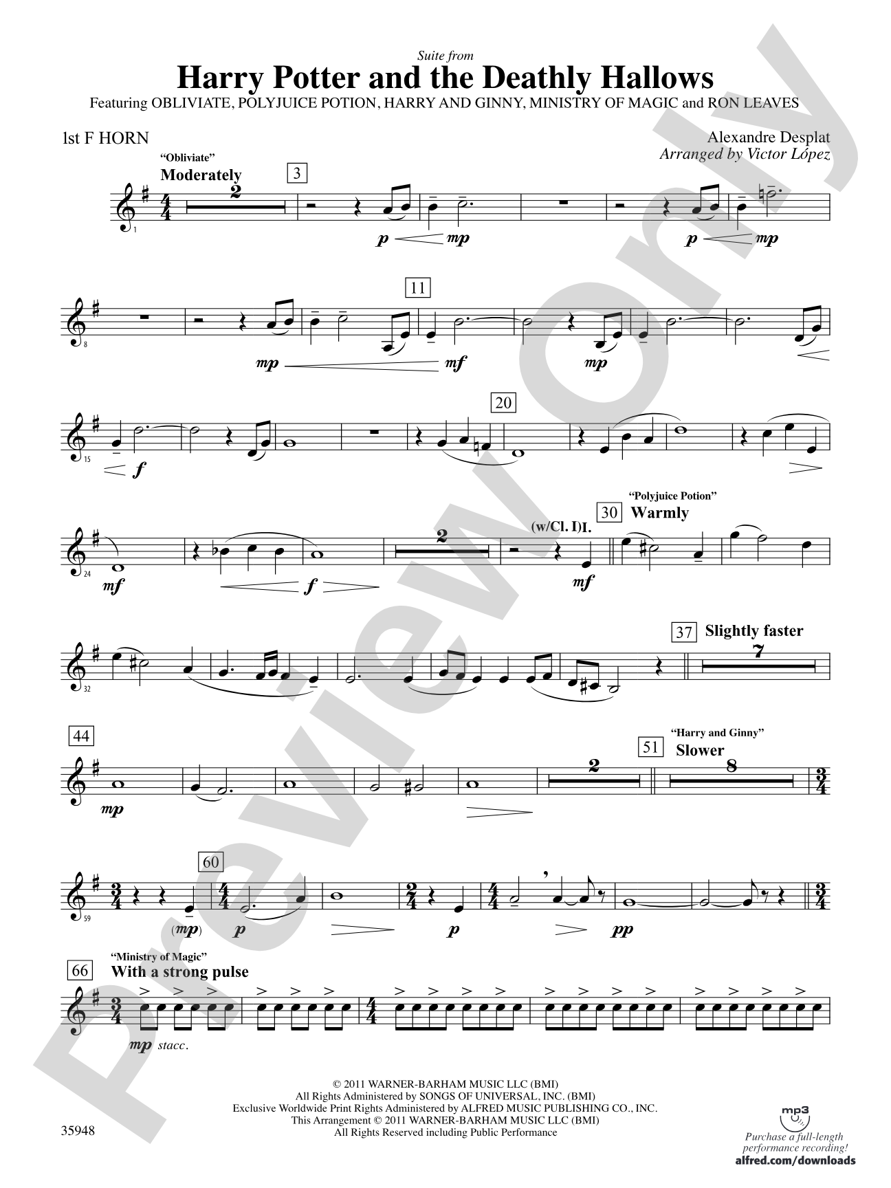Harry Potter and the Deathly Hallows, Part 1, Suite from: 1st F Horn