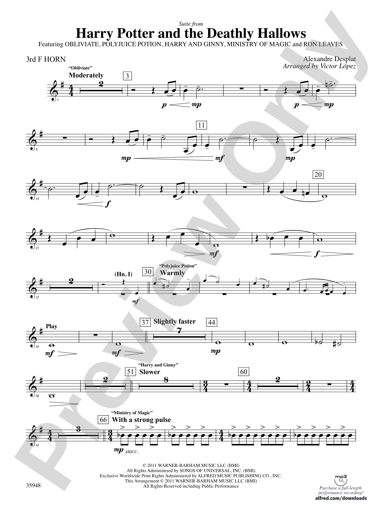 Harry Potter and the Deathly Hallows, Part 1, Suite from: 3rd F Horn