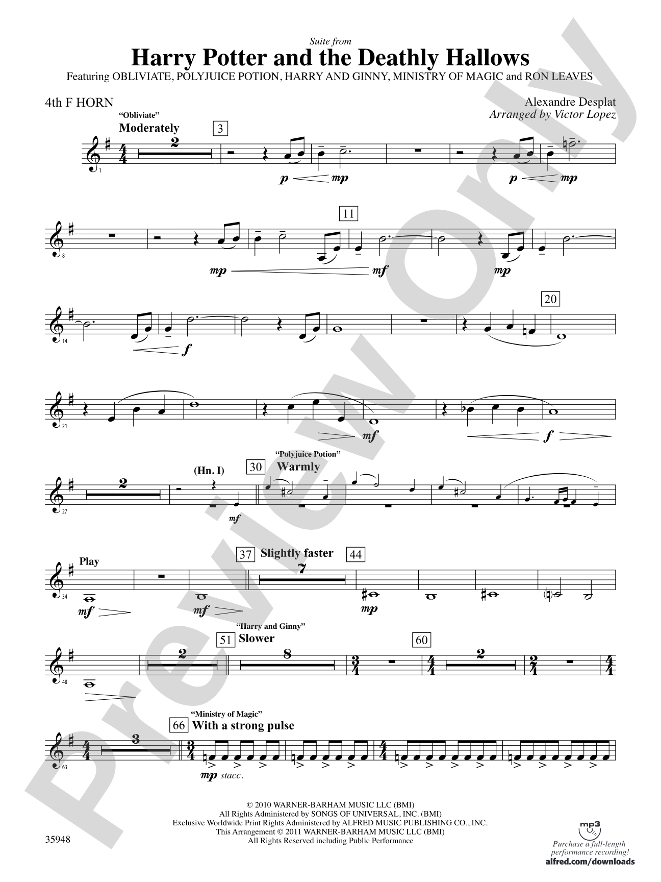 Harry Potter and the Deathly Hallows, Part 1, Suite from: 4th F Horn