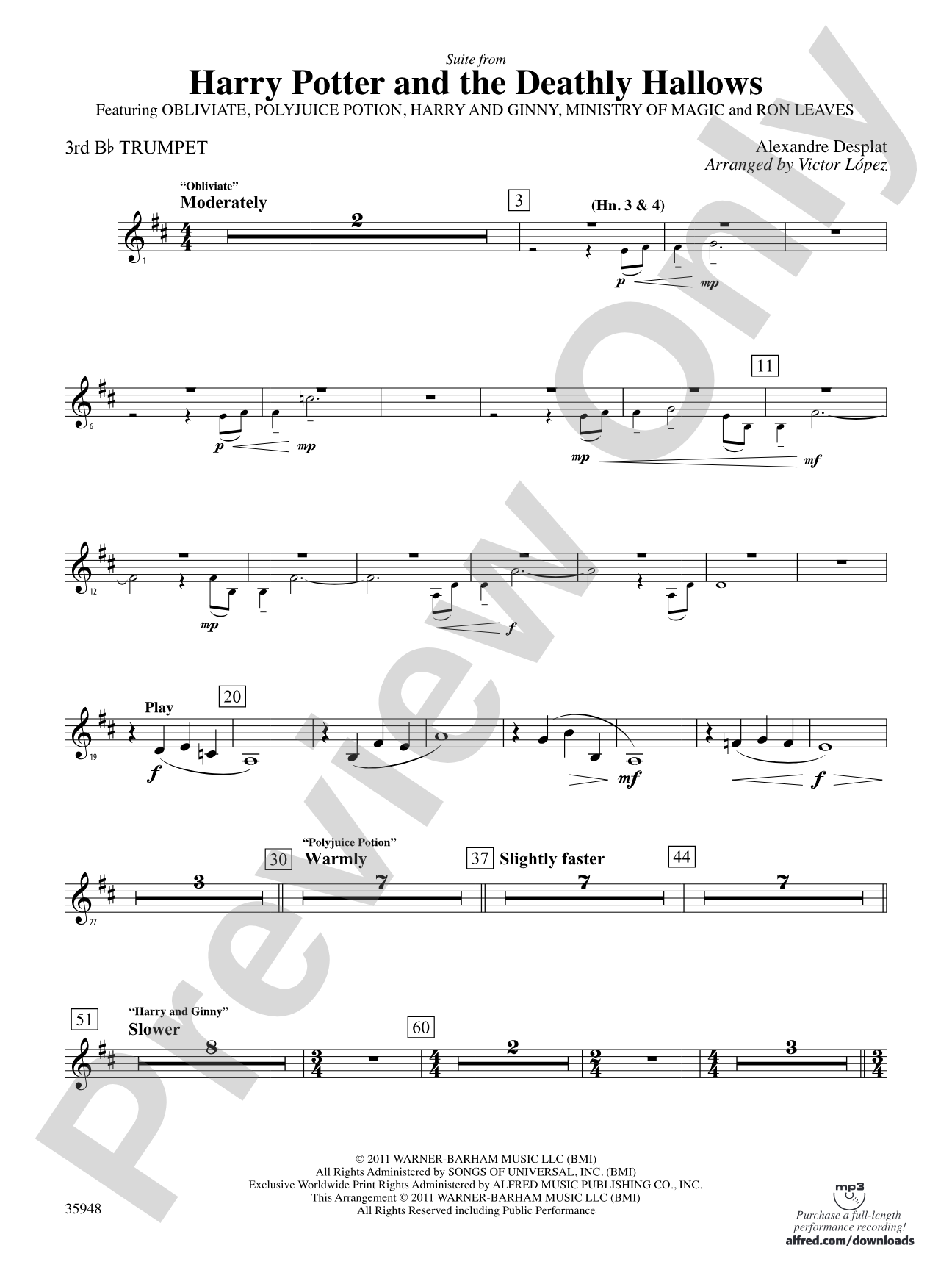 Harry Potter and the Deathly Hallows, Part 1, Suite from: 3rd B-flat Trumpet