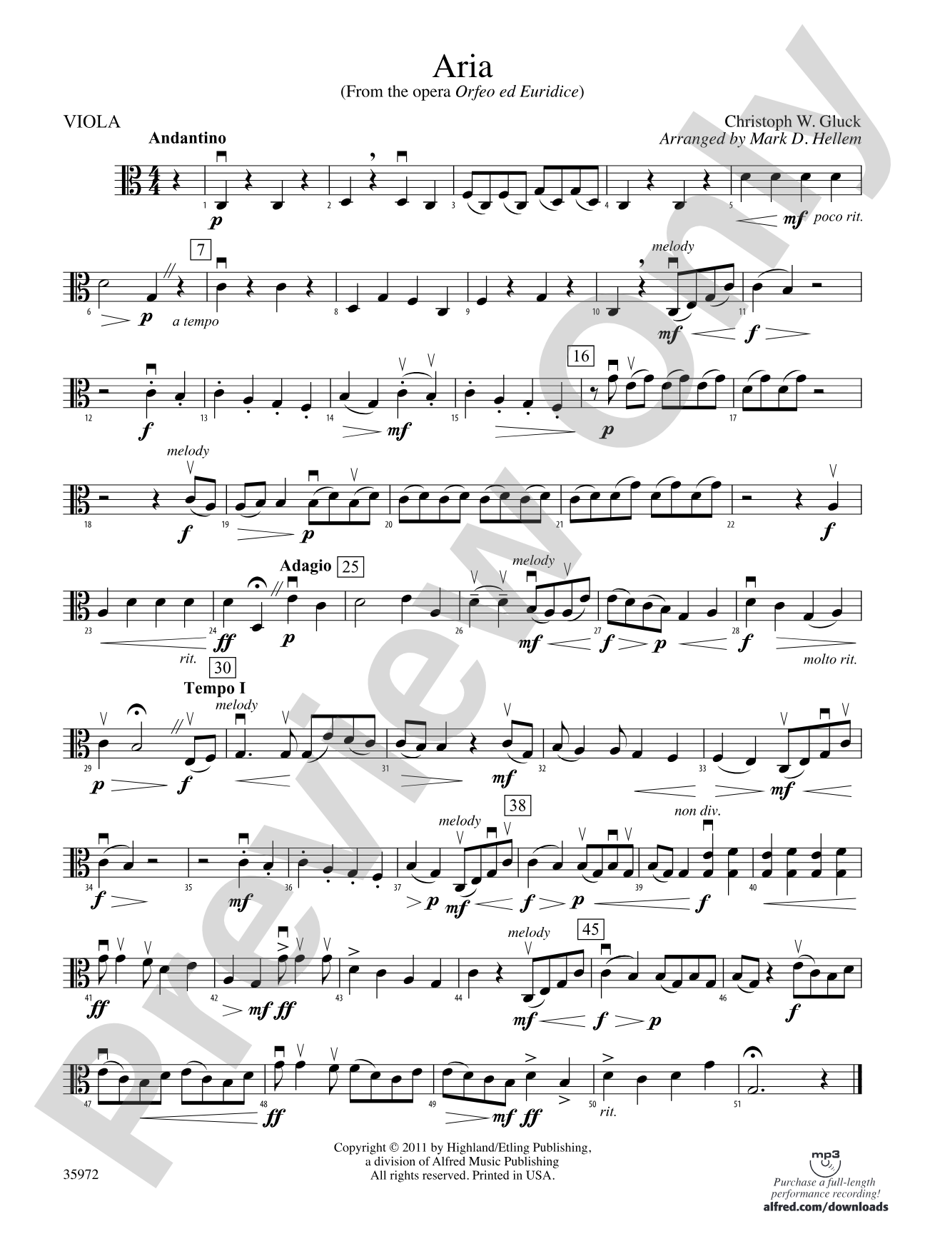 Aria (from the opera Orfeo ed Euridice): Viola