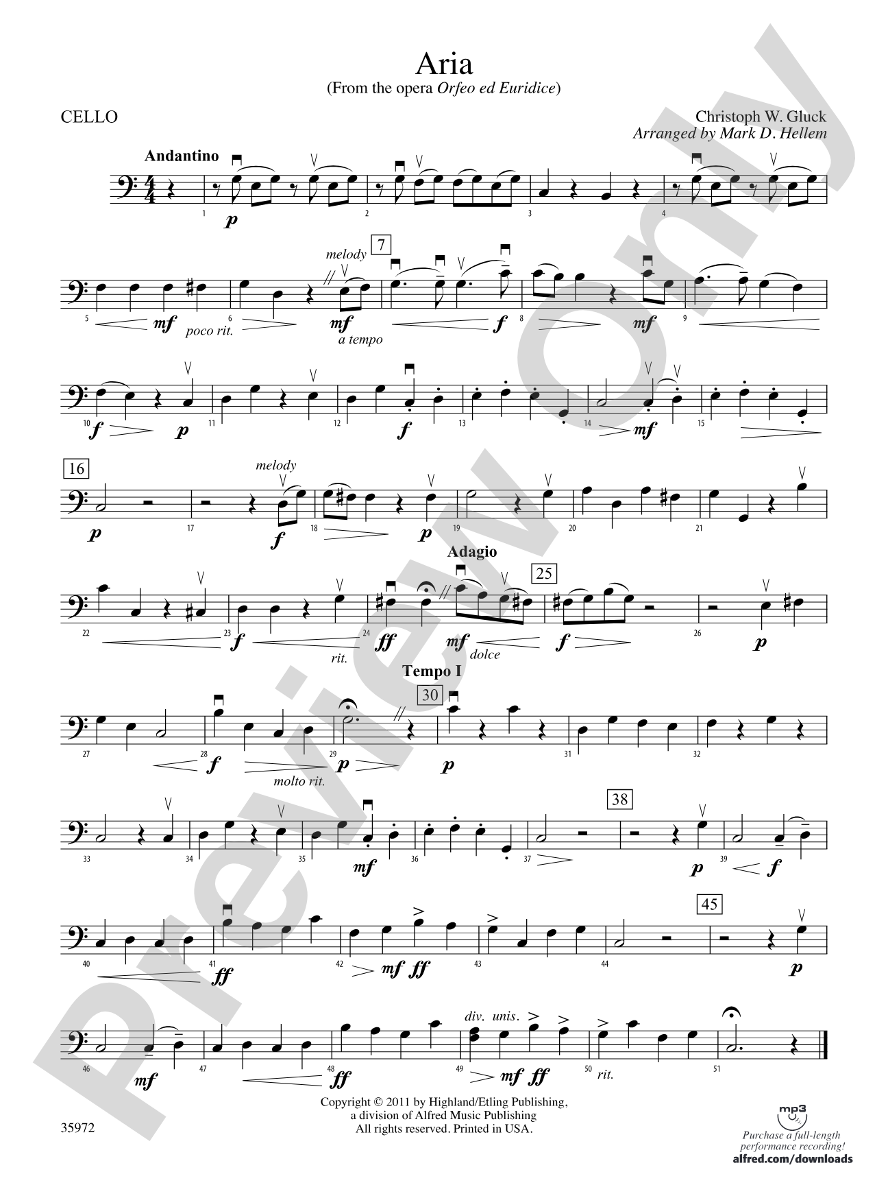 Aria (from the opera Orfeo ed Euridice): Cello