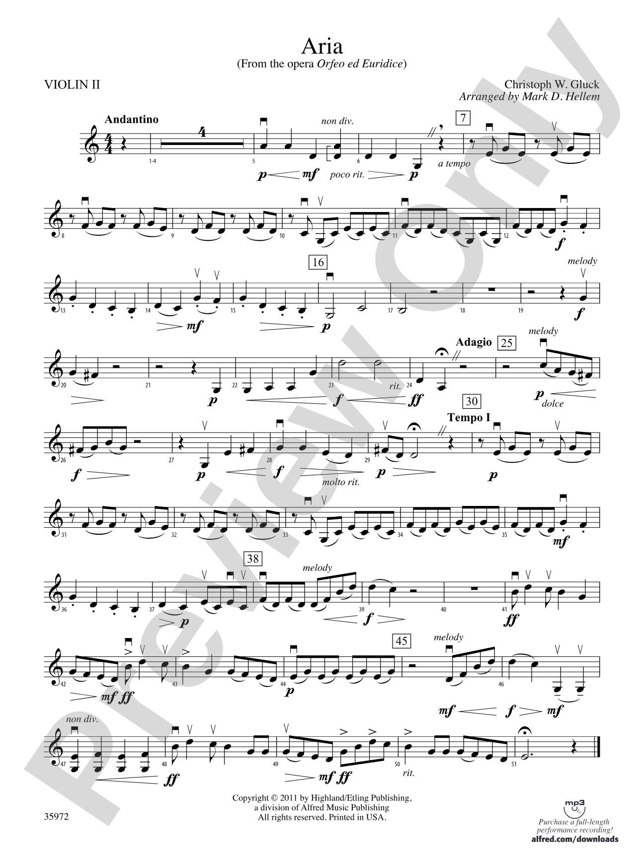 Aria (from the opera Orfeo ed Euridice): 2nd Violin