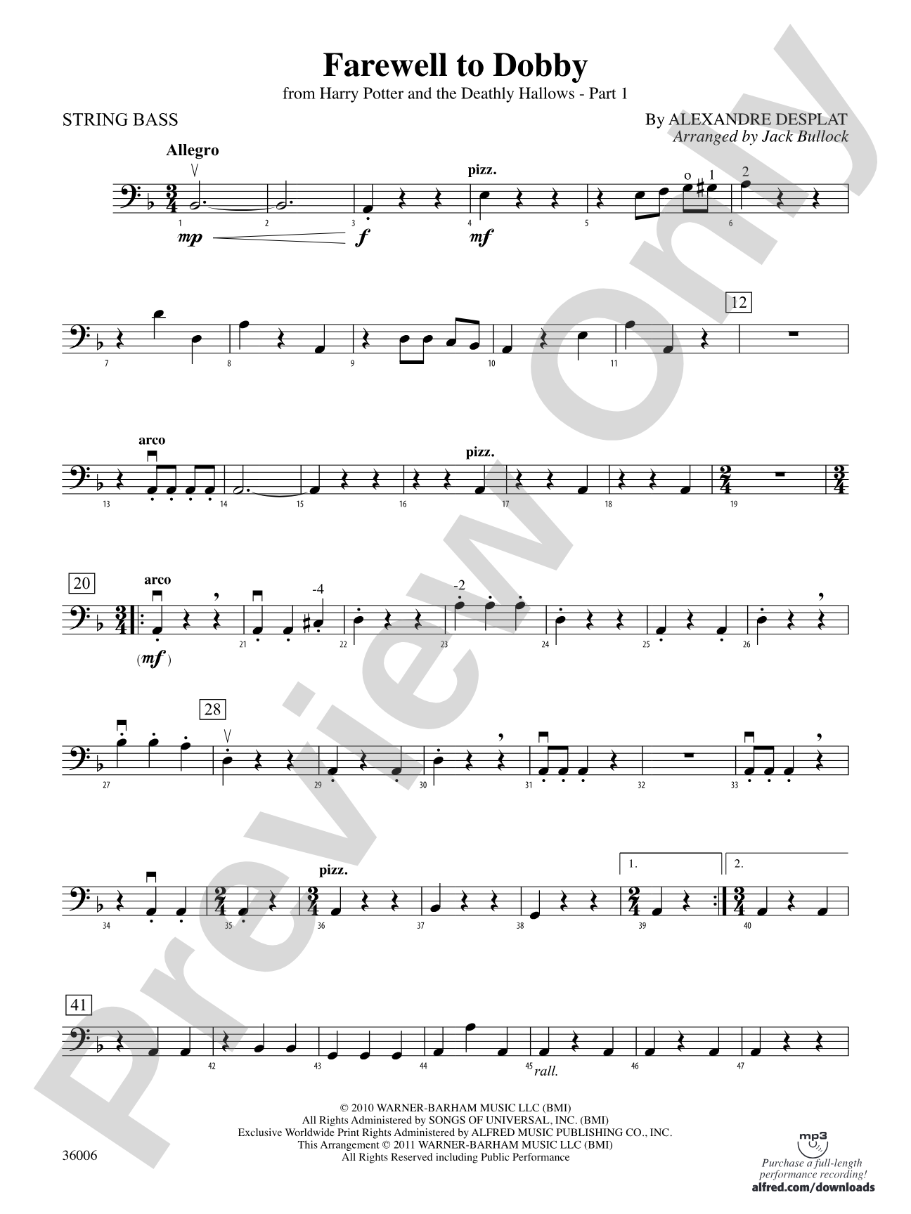 Farewell to Dobby (from Harry Potter and the Deathly Hallows, Part 1): String Bass