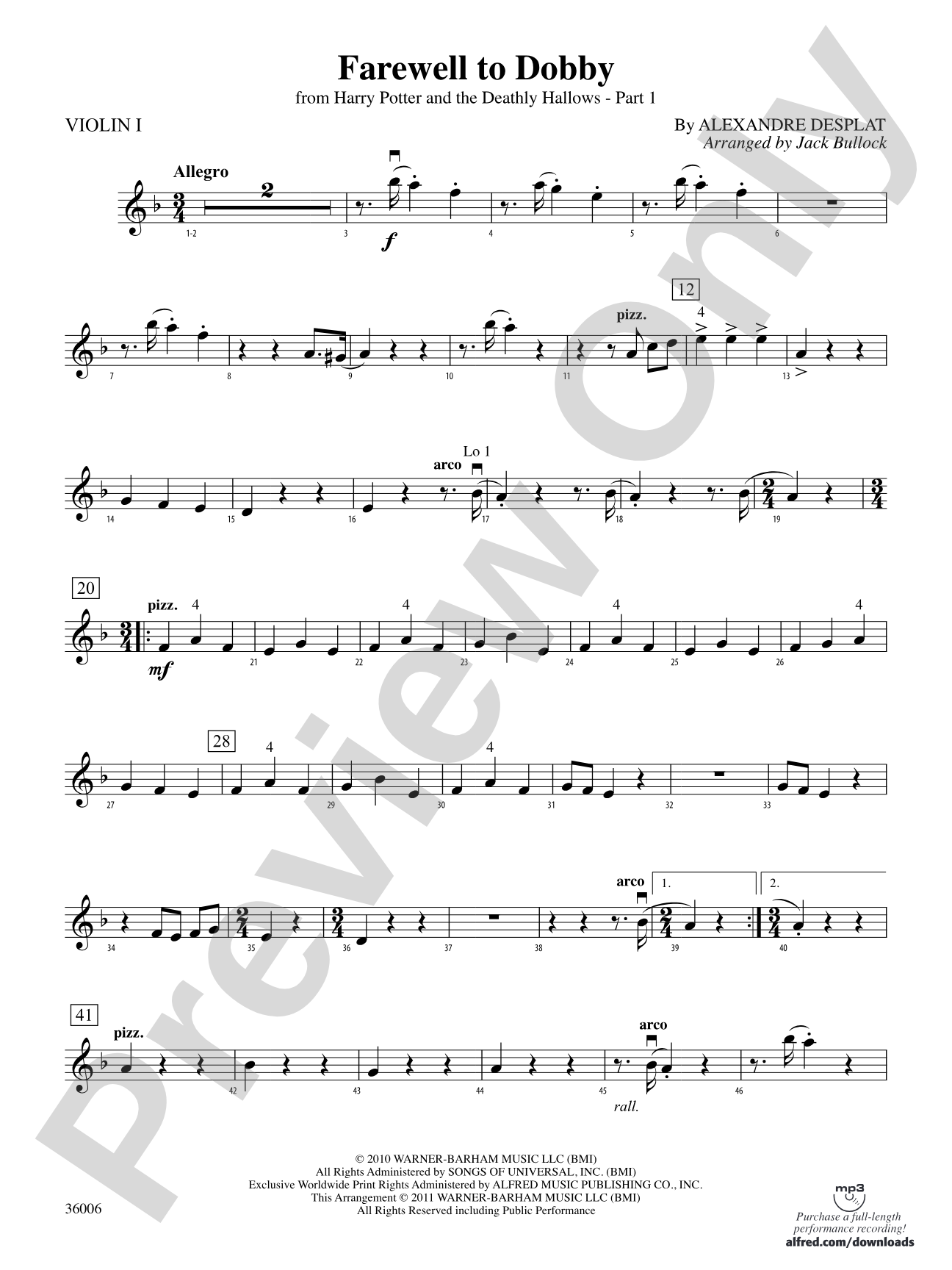 Farewell to Dobby (from Harry Potter and the Deathly Hallows, Part 1): 1st Violin