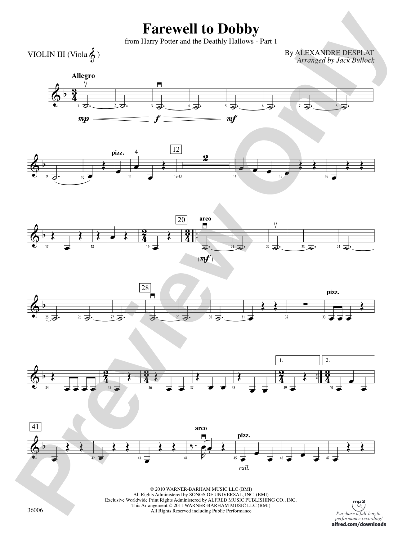 Farewell to Dobby (from Harry Potter and the Deathly Hallows, Part 1): 3rd Violin (Viola [TC])