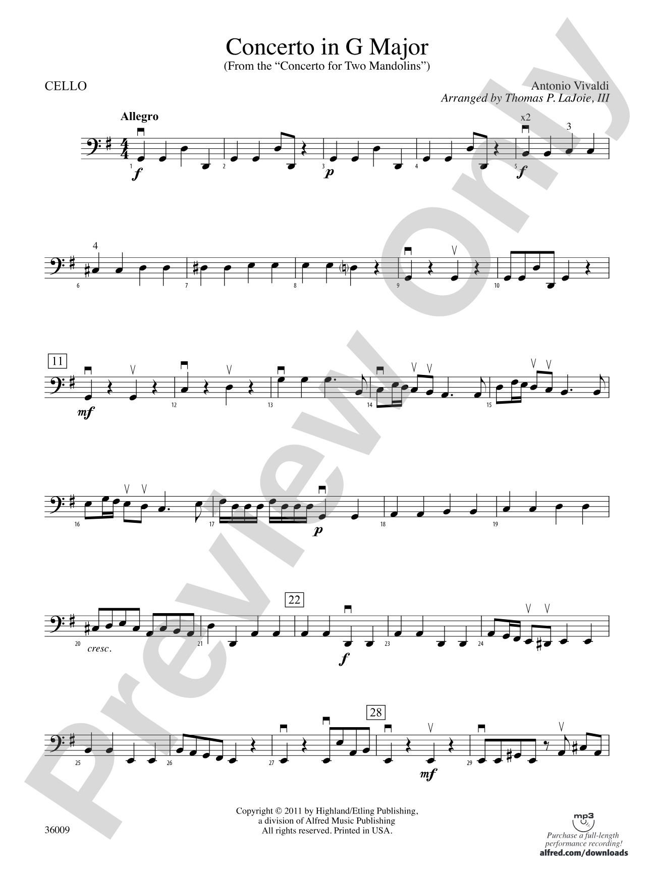 Concerto in G Major (from the Concerto for Two Mandolins): Cello
