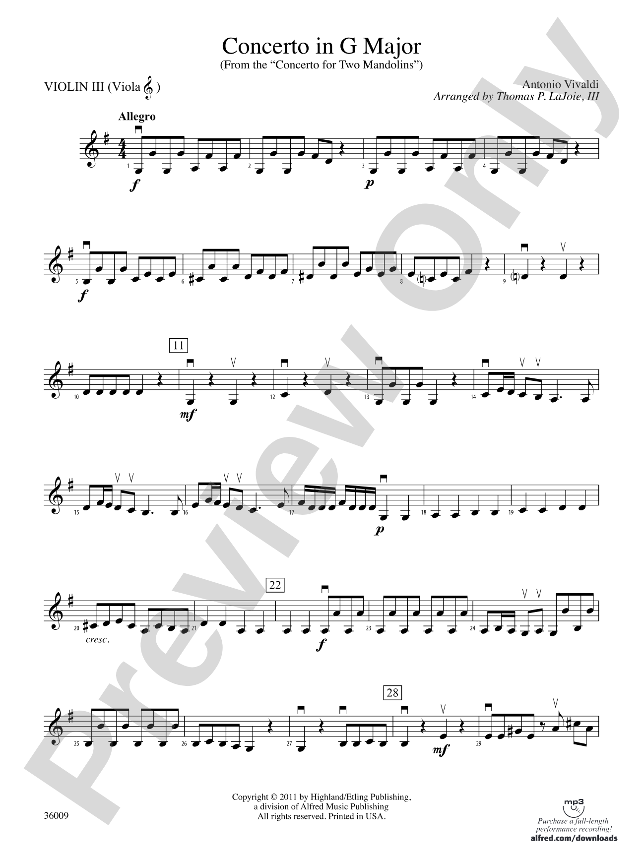 Concerto in G Major (from the Concerto for Two Mandolins): 3rd Violin (Viola [TC])