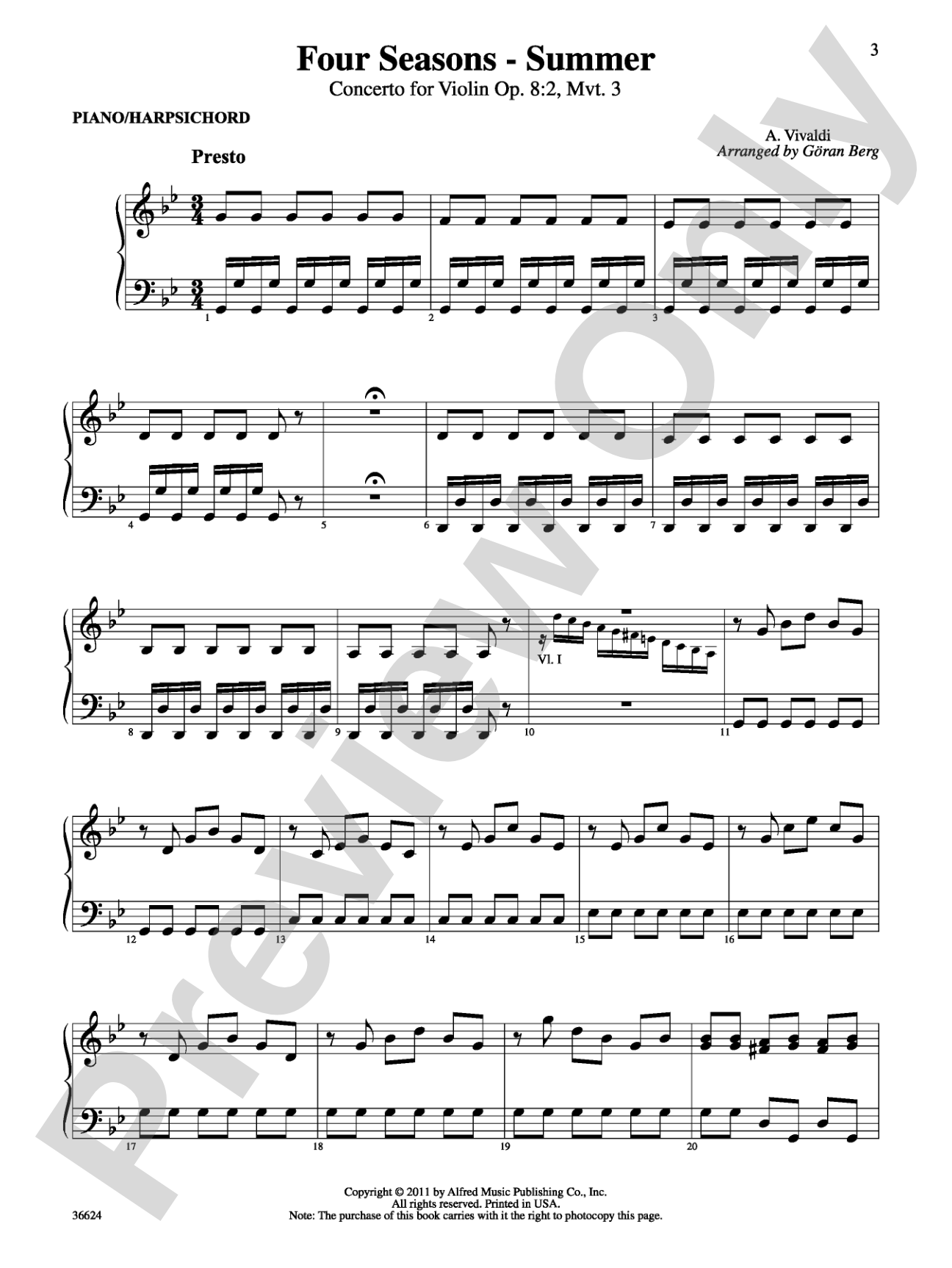 Violins Go Vivaldi: Two Movements for Violin Quartet: Piano Accompaniment
