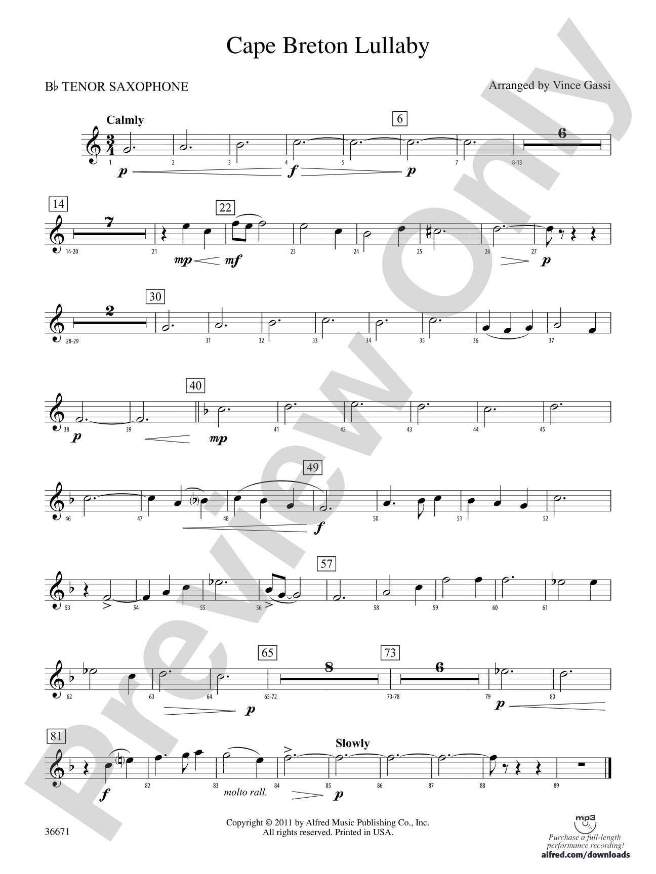 Cape Breton Lullaby: B-flat Tenor Saxophone