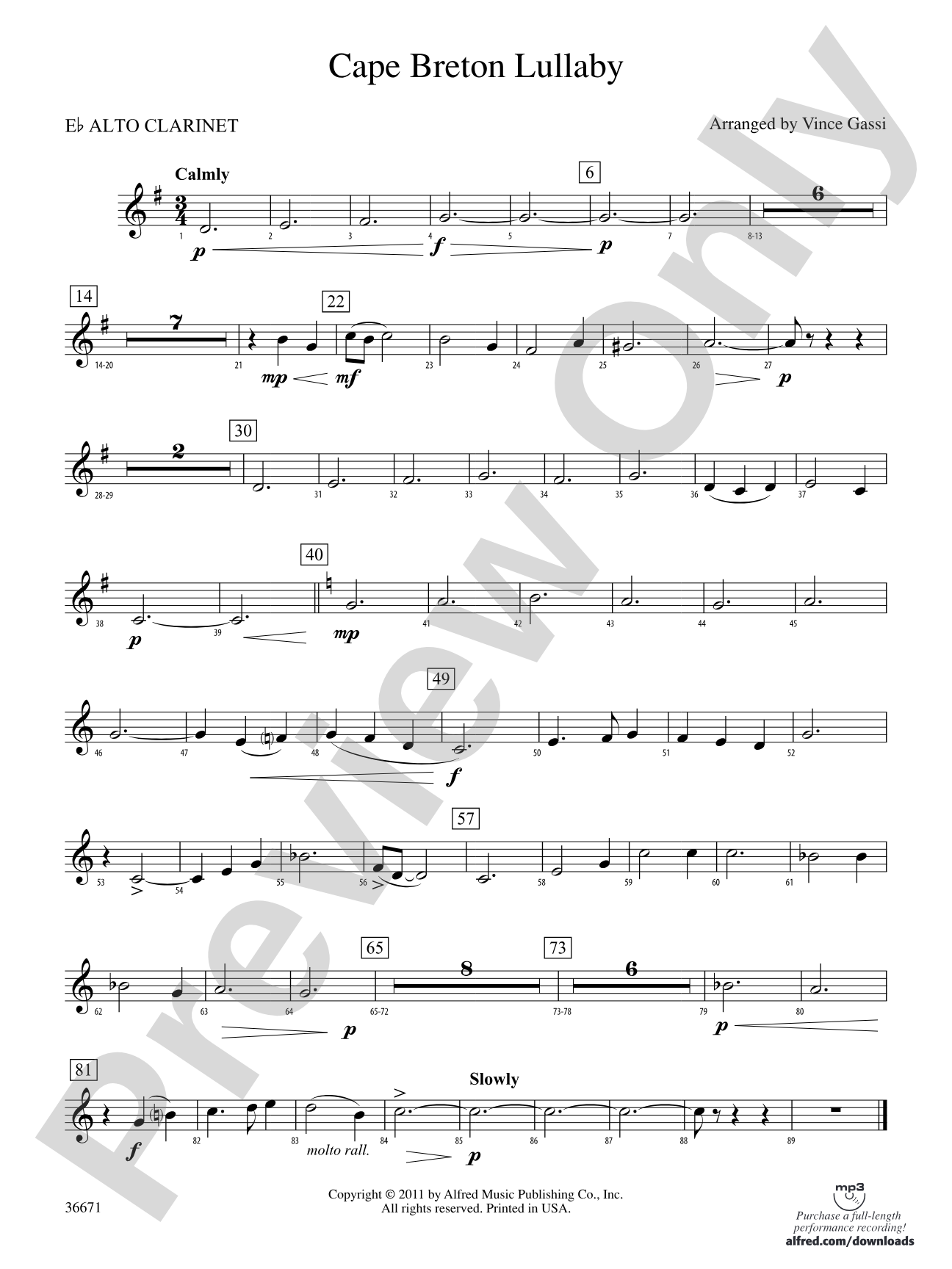 Cape Breton Lullaby: (wp) E-flat Alto Clarinet