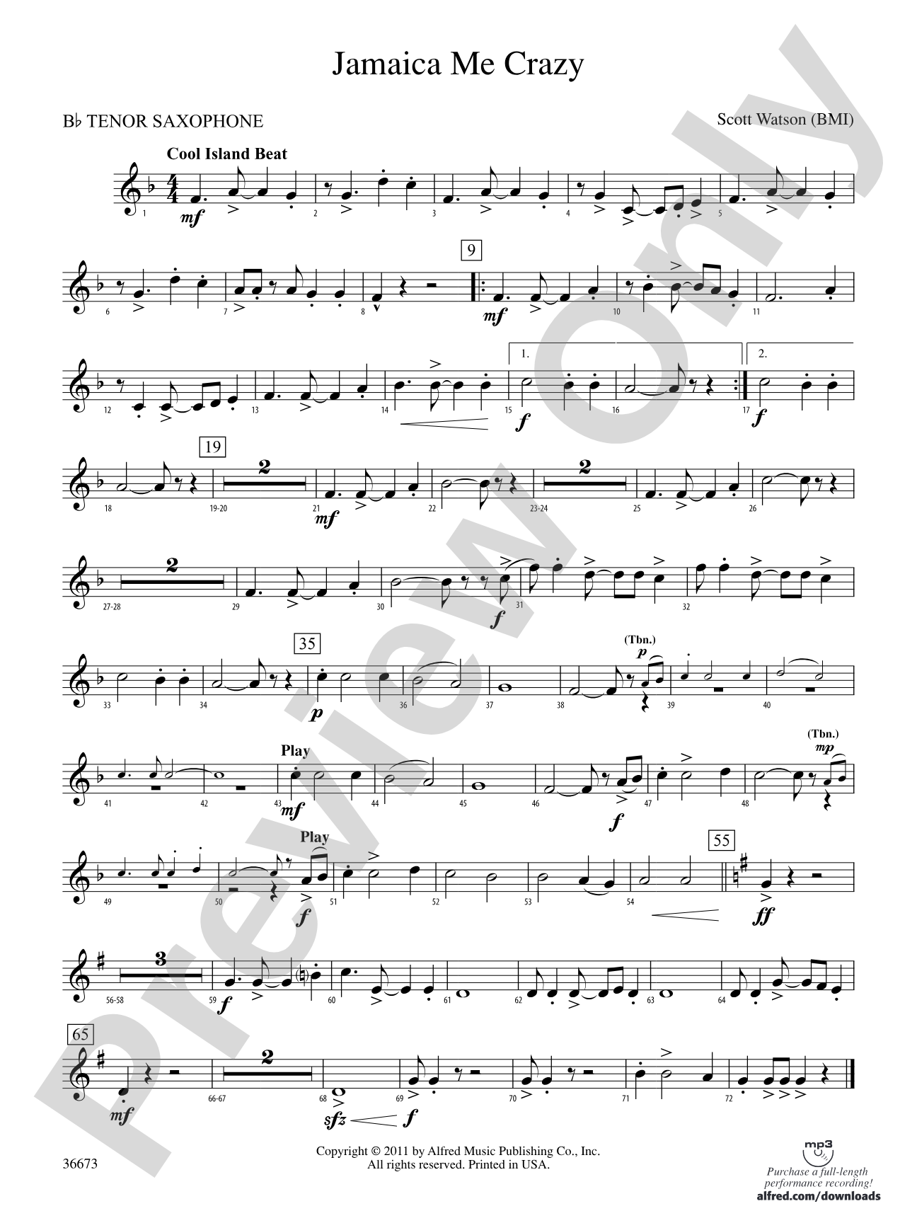 Jamaica Me Crazy: B-flat Tenor Saxophone