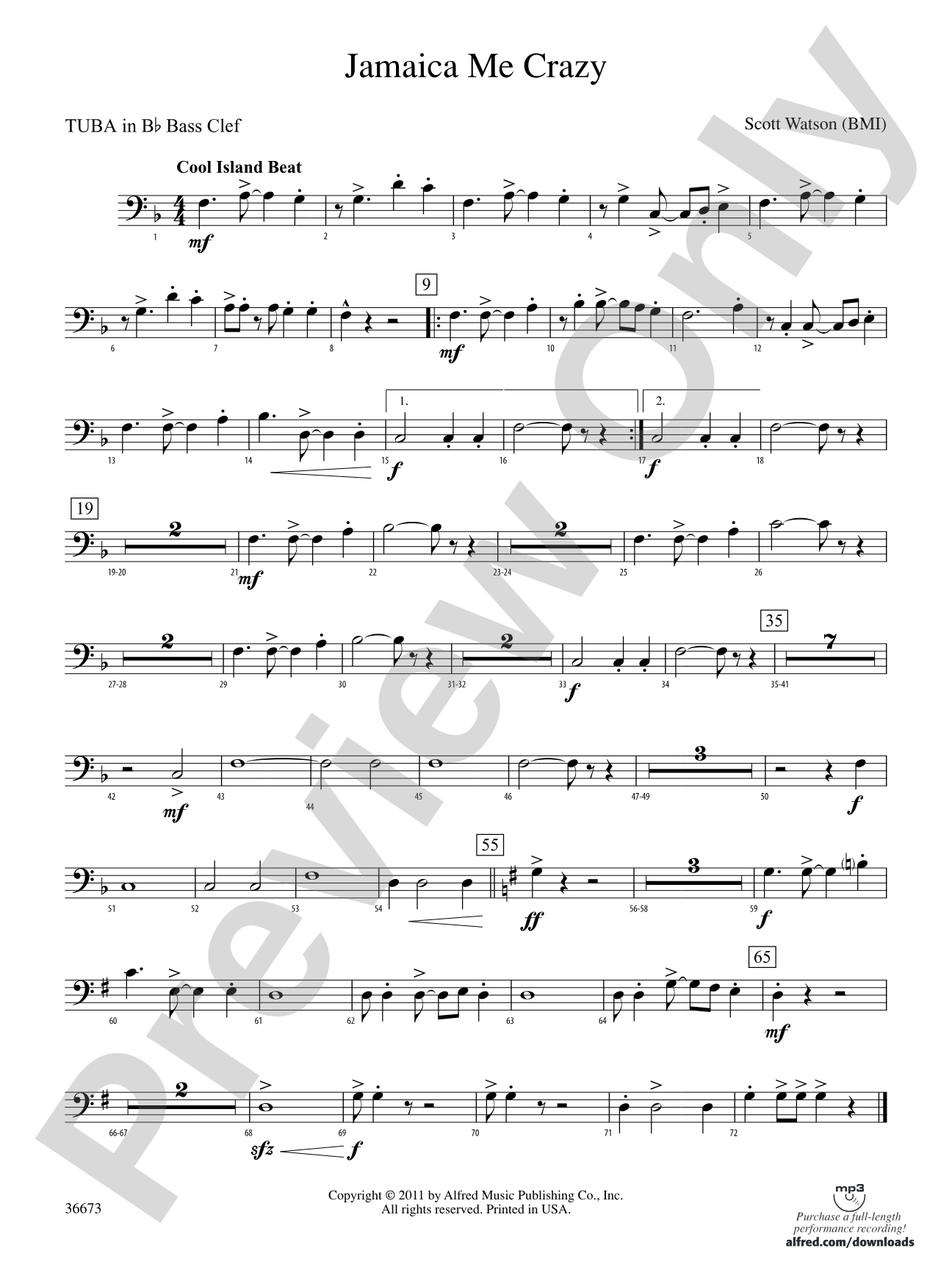 Jamaica Me Crazy: (wp) B-flat Tuba B.C.