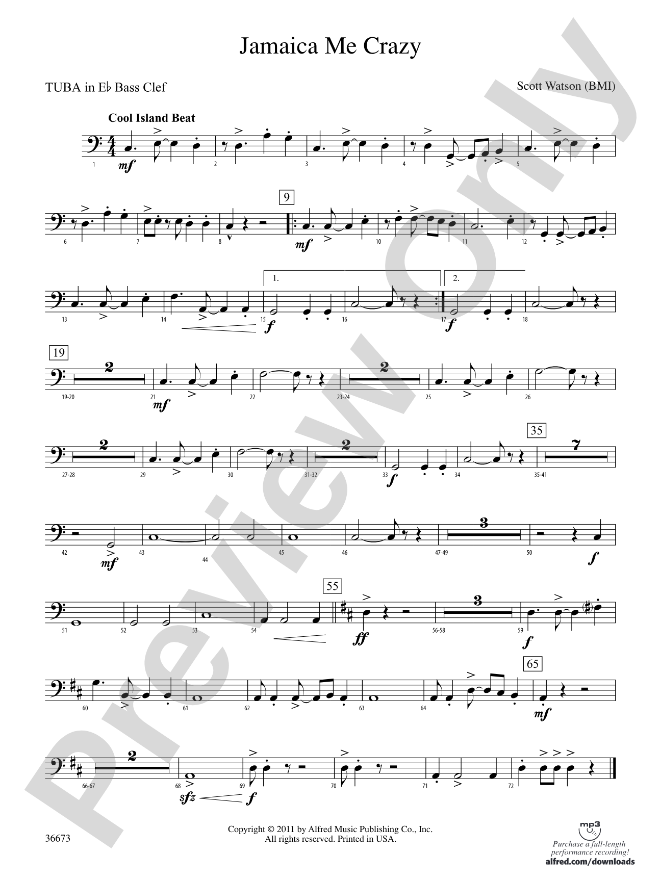 Jamaica Me Crazy: (wp) E-flat Tuba B.C.