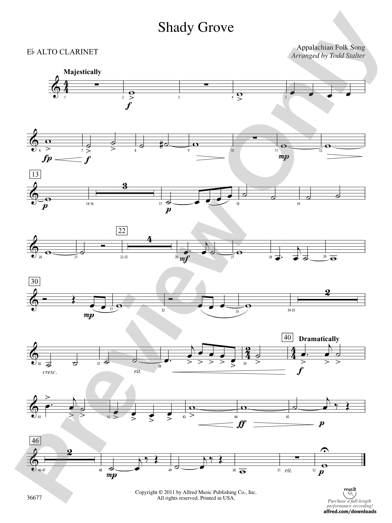 Shady Grove: (wp) E-flat Alto Clarinet