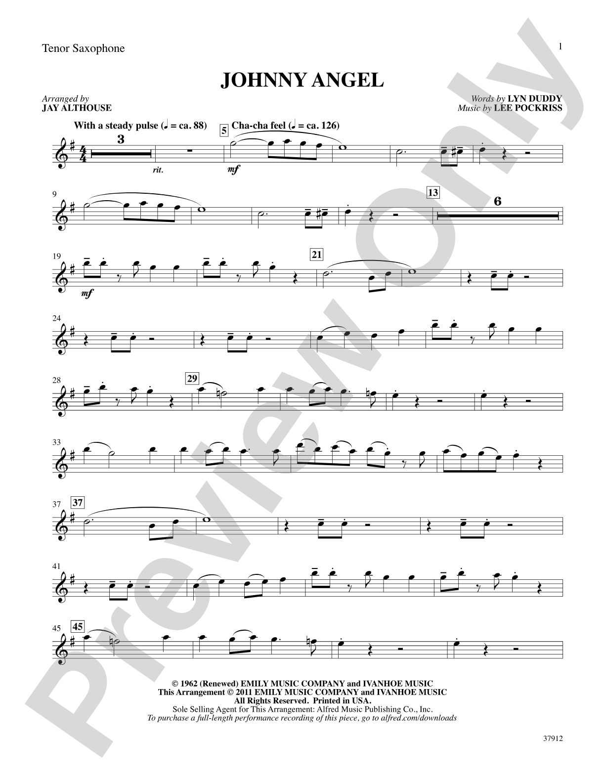 Johnny Angel: B-flat Tenor Saxophone: Choral SoundPax