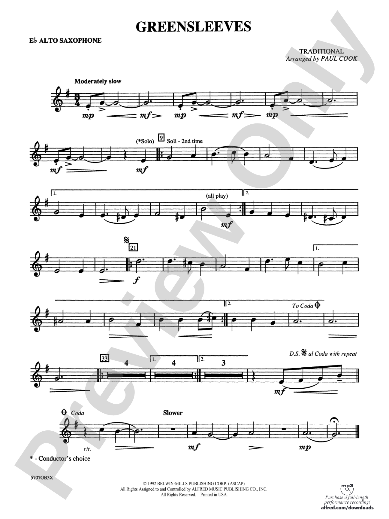 Greensleeves: E-flat Alto Saxophone