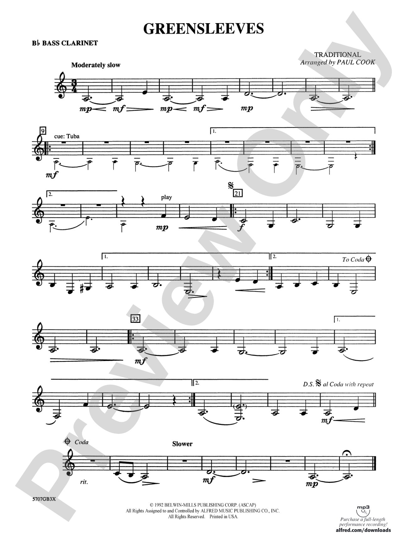Greensleeves: B-flat Bass Clarinet