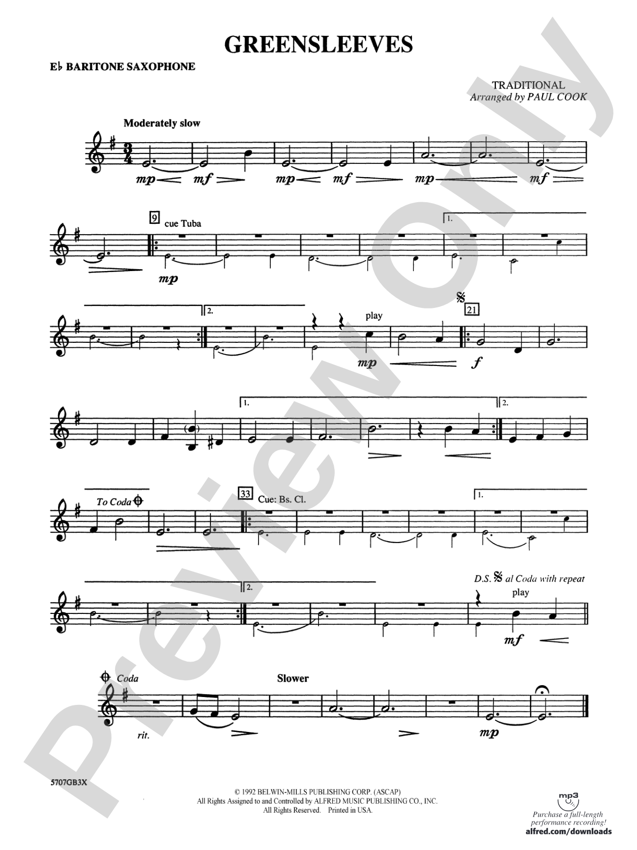 Greensleeves: E-flat Baritone Saxophone